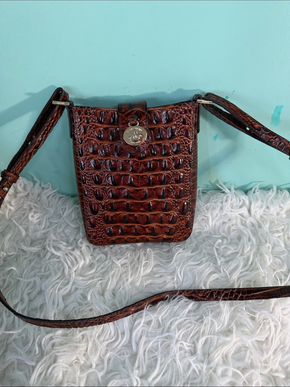 Brahmin Small  Embossed Brown Crossbody Bag with Gold  Medallion
